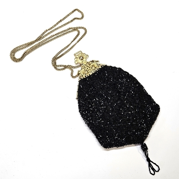 VINTAGE NEW Christiana Black Beaded 100% Silk Evening Purse Bag Made in India - Picture 1 of 11